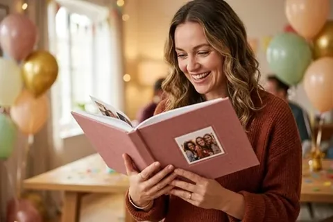 Frau blättert an ihrem Geburtstag in einem Fotobuch