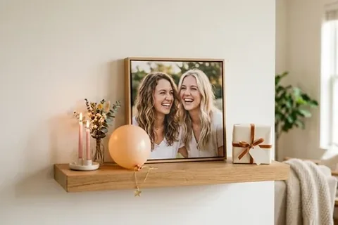 Gerahmtes Foto zweier Freundinnen auf einem Wandbord
