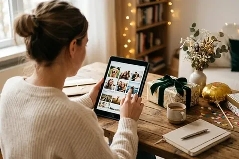 Frau wählt am Tablet Fotos für ein Geburtstagsgeschenk aus