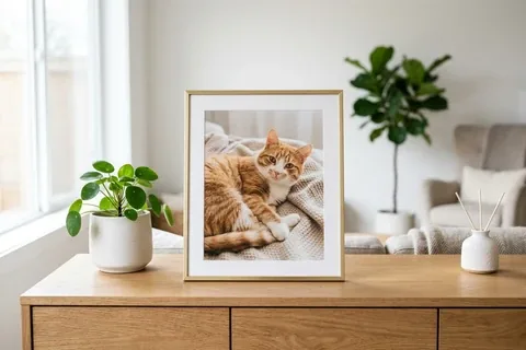 Gerahmtes Katzenfoto auf einer hellen Kommode