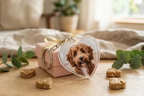 Schlüsselanhänger in Herzform mit Hundefoto auf einer Geschenkbox