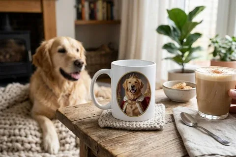 Fototasse mit Hund im Adelskostüm, daneben liegt ein Golden Retriever