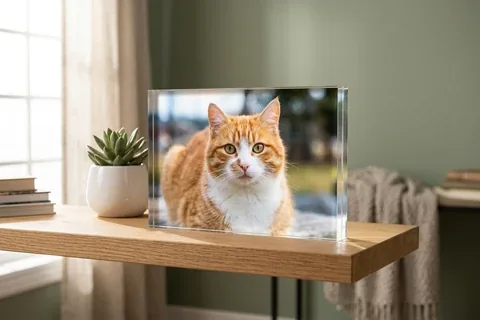 Katzenfoto auf Acrylglas auf einem Wandbord
