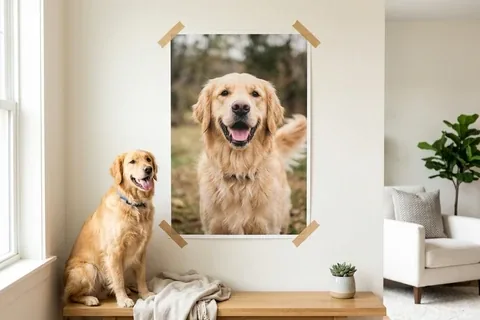 Hundefoto als Poster an der Wand, davor sitzt der Hund