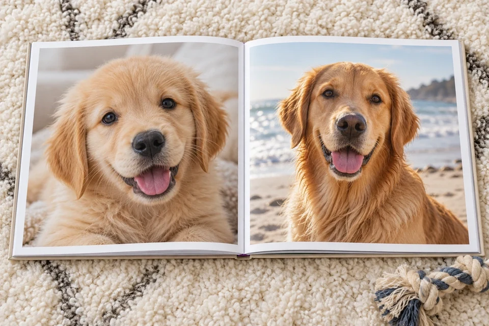 Aufgeschlagenes Fotobuch mit Fotos eines Golden Retrievers als Welpe und erwachsen