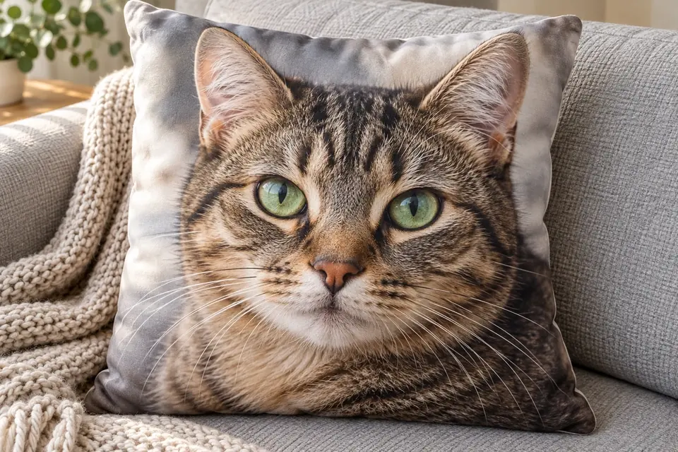 Fotokissen mit Porträt einer getigerten Katze auf einem grauen Sofa
