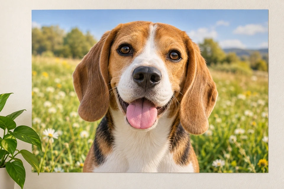 Fotoposter mit Porträt eines Beagles auf einer Blumenwiese