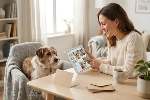 Frau gestaltet am Tablet ein Tiergeschenk, daneben sitzt eine Katze