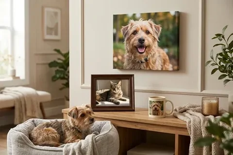 Hundefoto auf Leinwand und im Rahmen über einem Sideboard