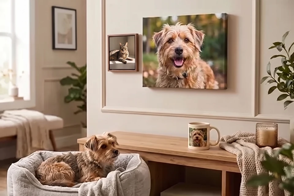 Hundefoto auf Leinwand und im Rahmen über einem Sideboard