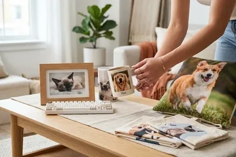 Gerahmtes Katzenfoto und Fototasse mit Hund auf einem Schreibtisch