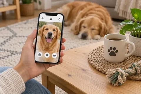 Tiergeschenk wird am Smartphone gestaltet, im Hintergrund schläft ein Hund