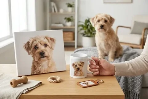 Hund sitzt neben seinem eigenen Foto auf Leinwand und einer Fototasse