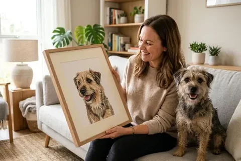 Frau hält ein gezeichnetes Hundeporträt neben ihren Hund