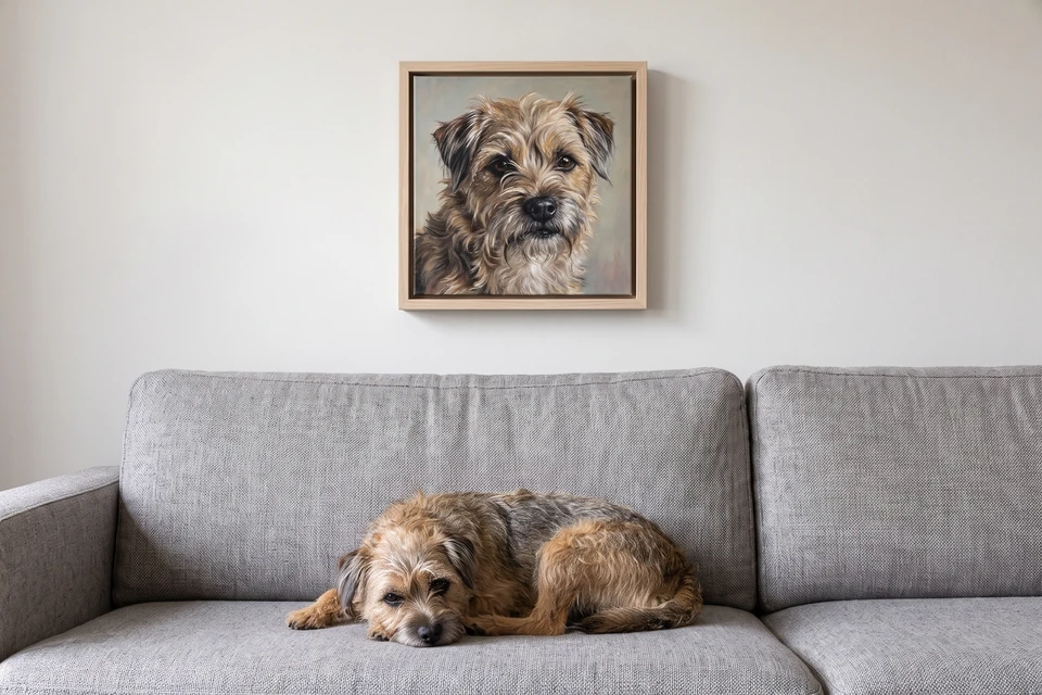 Gemaltes Hundeporträt im Schattenfugenrahmen Naturholz über dem Sofa, darunter liegt der Hund