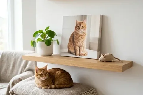 Katzenfoto auf Leinwand auf einem Wandbord, darunter liegt die Katze