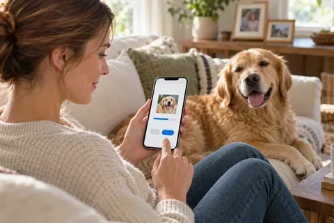 Tiergeschenk wird am Smartphone geprüft, daneben liegt ein Hund