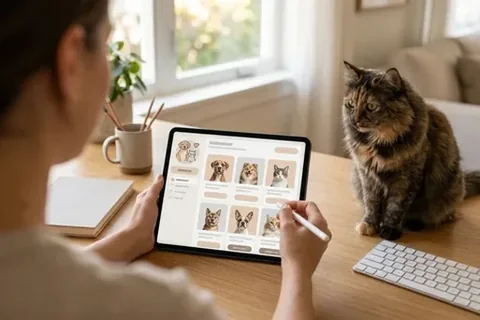 Frau wählt am Tablet Tierfotos aus, daneben sitzt eine Katze