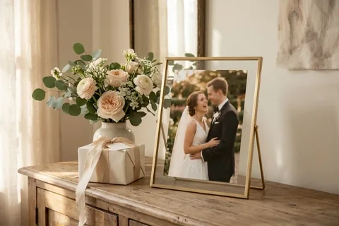 Gerahmtes Hochzeitsfoto als Geschenk neben weißen Rosen