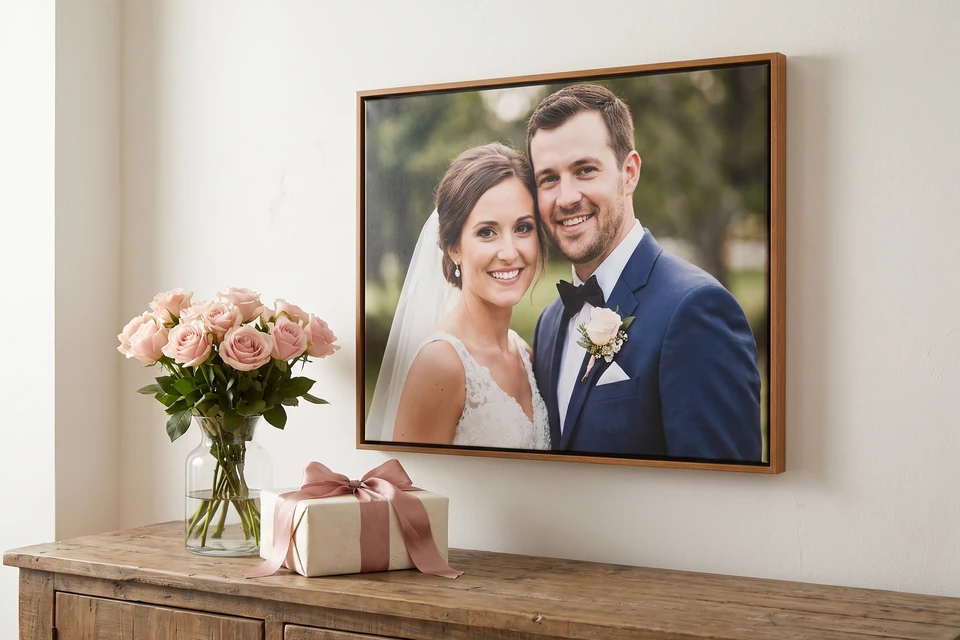 Hochzeitsfoto im Schattenfugenrahmen Eiche Antik neben weißen Rosen