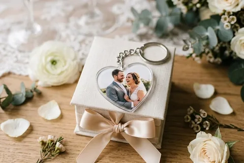 Schlüsselanhänger in Herzform mit Hochzeitsfoto auf einer Geschenkbox