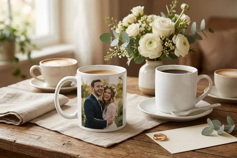 Fototasse mit Hochzeitsfoto neben zwei Kaffeetassen