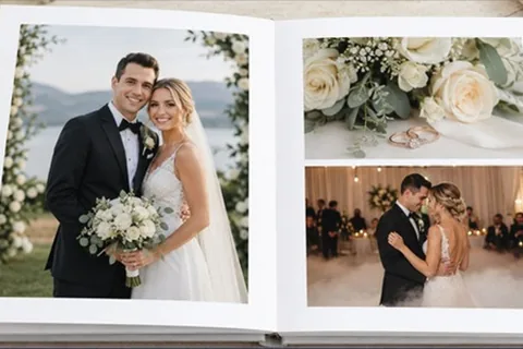 Aufgeschlagenes Hochzeitsfotobuch mit Fotos des Brautpaars