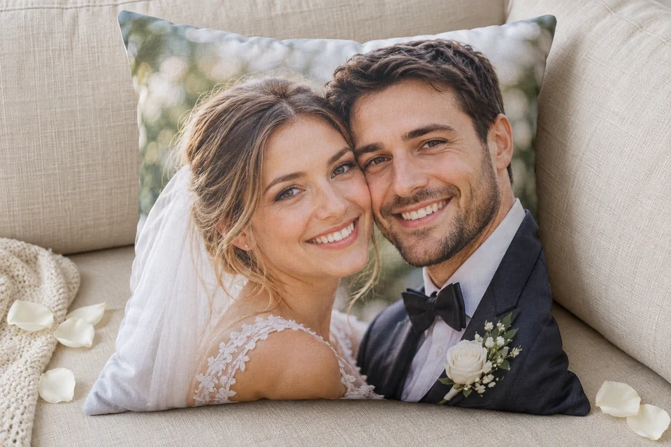 Fotokissen mit Porträt des Brautpaars auf einem hellen Sofa