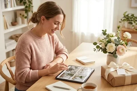 Frau gestaltet am Tablet ein Hochzeitsgeschenk mit eigenen Fotos