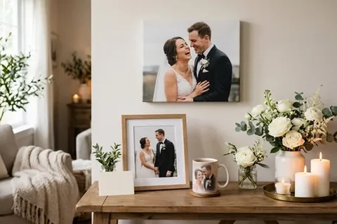 Hochzeitsfoto auf Leinwand und im Rahmen über einer Kommode