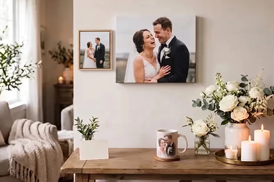 Hochzeitsfoto auf Leinwand und im Rahmen über einer Kommode