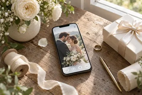 Hochzeitsgeschenk wird am Smartphone mit eigenen Fotos gestaltet