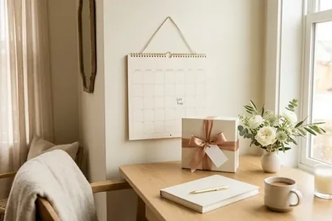Wandkalender neben einem verpackten Hochzeitsgeschenk