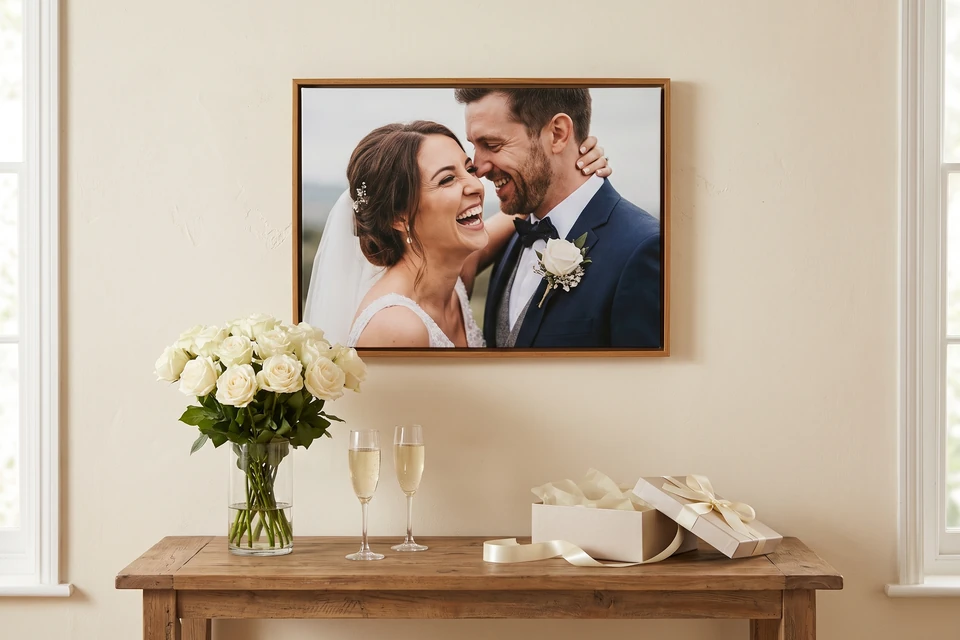 Hochzeitsfoto im Schattenfugenrahmen über einer Konsole mit Rosen und geöffnetem Geschenk