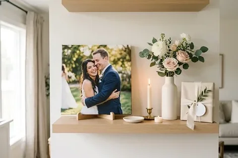 Hochzeitsfoto auf Leinwand auf einem Wandbord mit Kerze