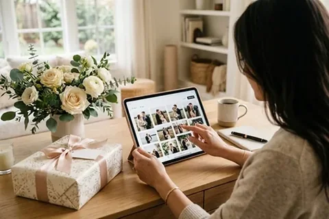 Frau wählt am Tablet Fotos für ein Hochzeitsgeschenk aus
