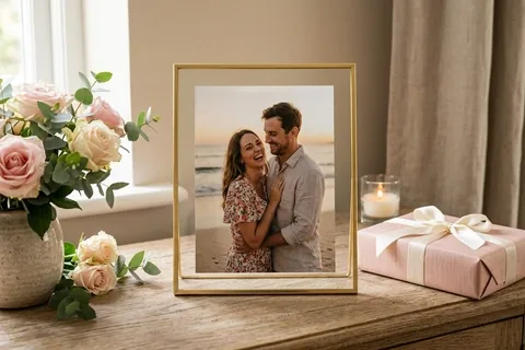 Gerahmtes Paarfoto als Geschenk zum Jahrestag neben Rosen