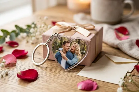 Schlüsselanhänger in Herzform mit Paarfoto auf einer Geschenkbox
