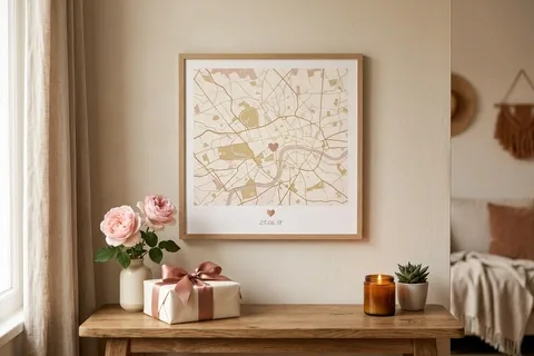 Gerahmte Stadtkarte als Geschenk zum Jahrestag an heller Wand