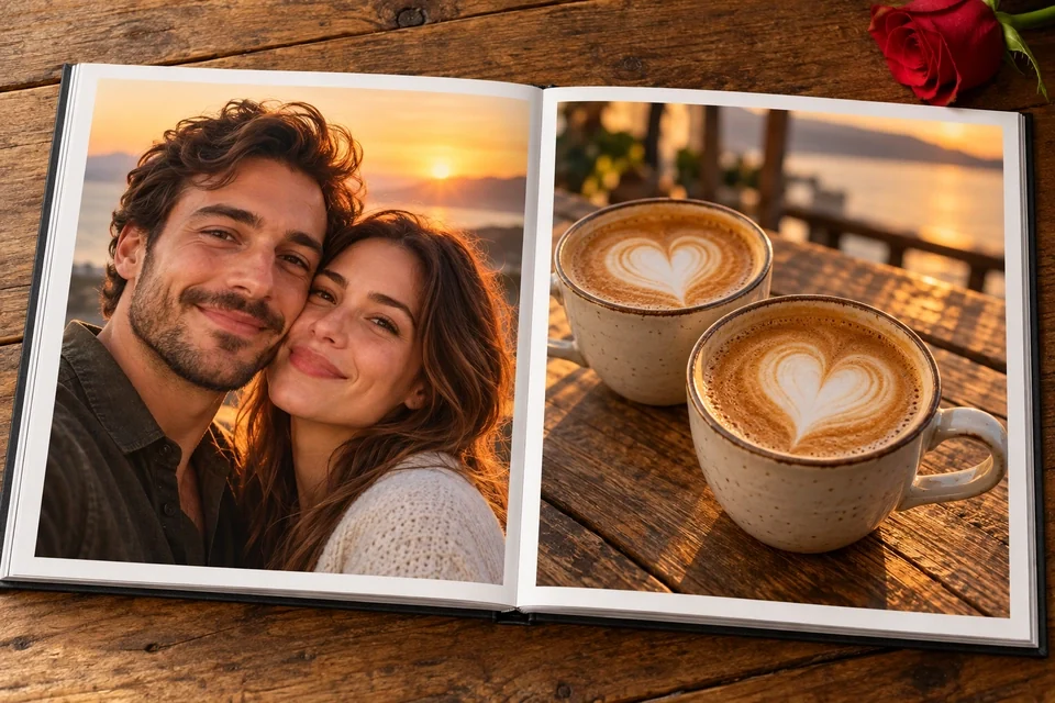 Aufgeschlagenes Fotobuch zum Jahrestag mit Paarfoto im Sonnenuntergang und zwei Kaffeetassen