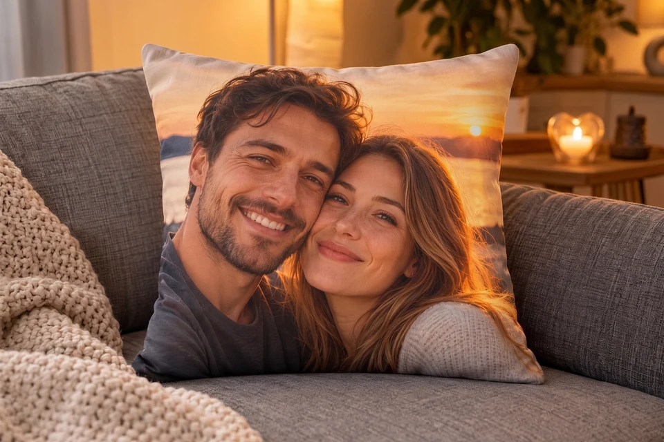 Fotokissen mit Paarfoto im Sonnenuntergang auf einem grauen Sofa