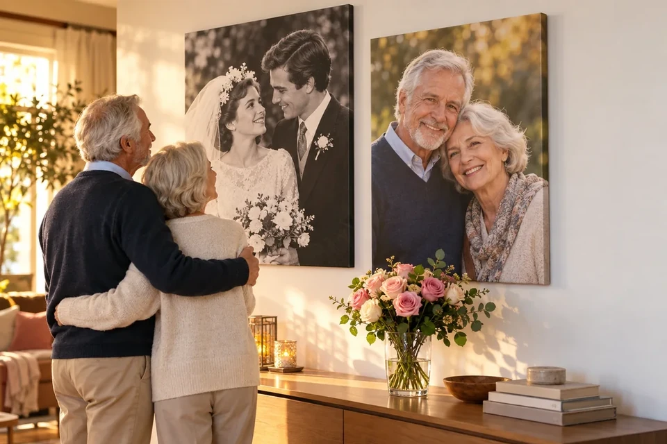 Paar betrachtet Leinwände mit Hochzeitsfoto und aktuellem Foto