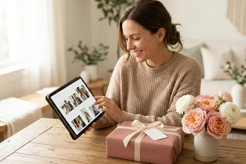 Frau gestaltet am Tablet ein Geschenk zum Jahrestag mit eigenen Fotos
