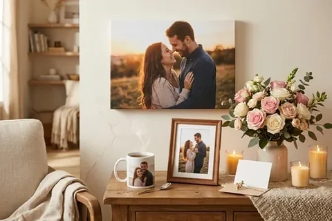 Paarfoto auf Leinwand und im Rahmen über einer Kommode