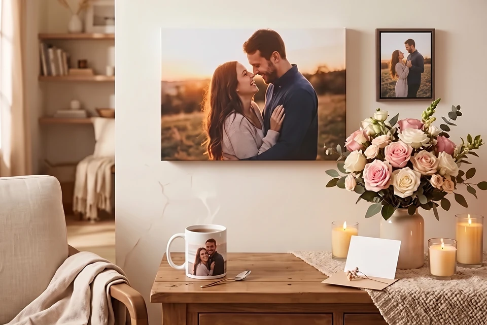Paarfoto auf Leinwand und im Rahmen über einer Kommode
