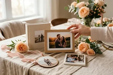 Hände stellen gerahmte Paarfotos auf einen Tisch mit Rosen