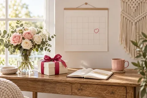 Wandkalender neben einem verpackten Geschenk zum Jahrestag