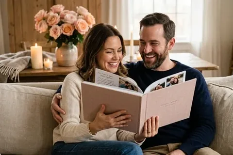Paar blättert gemeinsam auf dem Sofa in einem Fotobuch