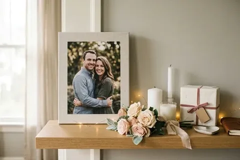 Gerahmtes Paarfoto auf einem Wandbord mit Kerzen