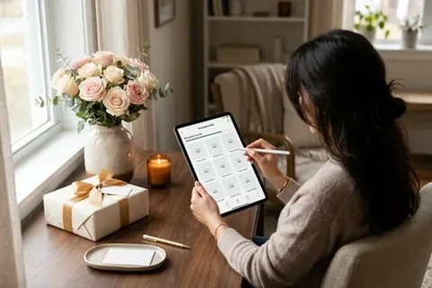Frau wählt am Tablet Fotos für ein Geschenk zum Jahrestag aus